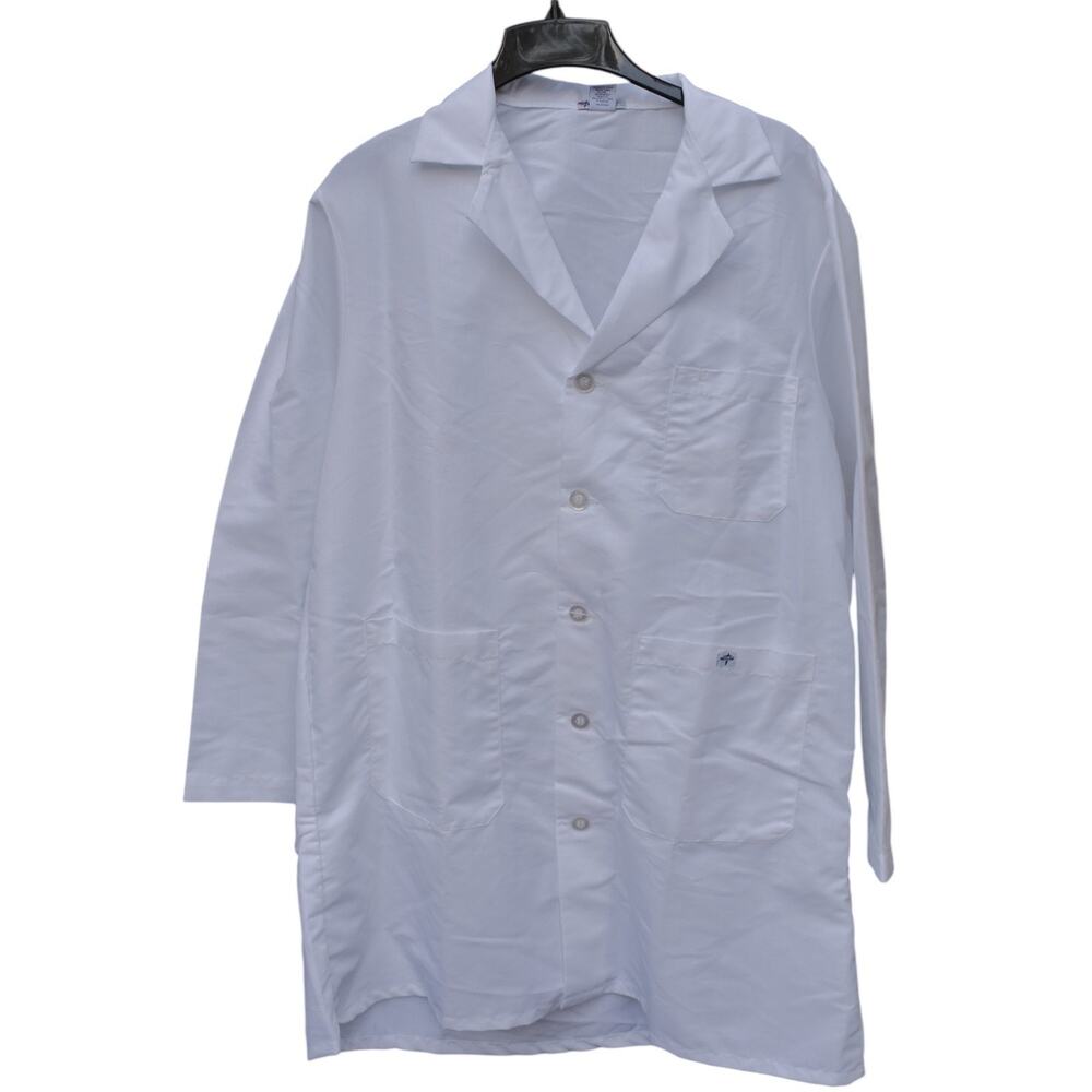 MEDLINE Doctor Lab Coat Collared White Button Up Long Sleeve 36.5"L Womens 46 E